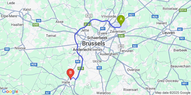 Map: Brussels Zaventem Airport (BRU) to Buizingen