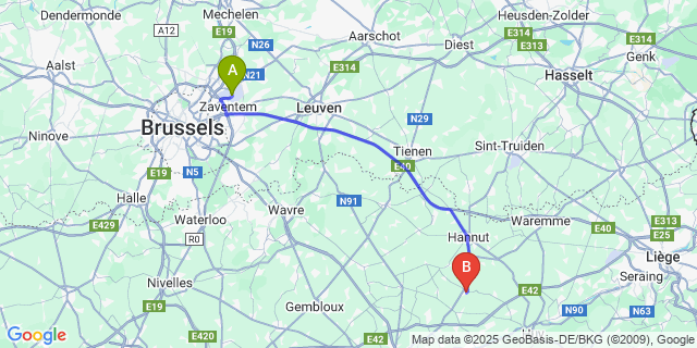 Map: Brussels Zaventem Airport (BRU) to Burdinne
