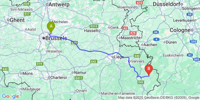 Map: Brussels Zaventem Airport (BRU) to Butgenbach