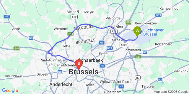 Map: Brussels Zaventem Airport (BRU) to BX Downtown, Brussels