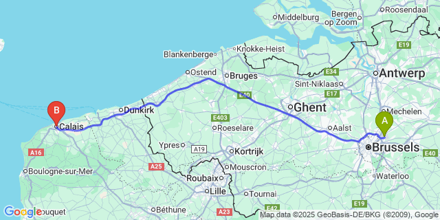 Map: Brussels Zaventem Airport (BRU) to Calais