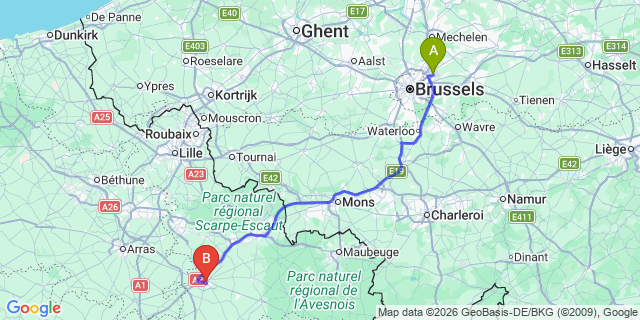 Map: Brussels Zaventem Airport (BRU) to Cambrai