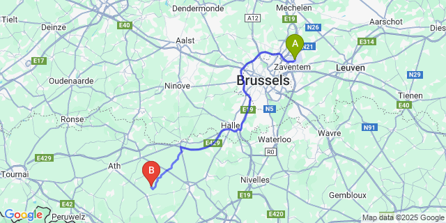 Map: Brussels Zaventem Airport (BRU) to Cambron-Saint-Vincent