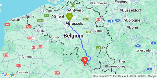 Map: Brussels Zaventem Airport (BRU) to Carignan