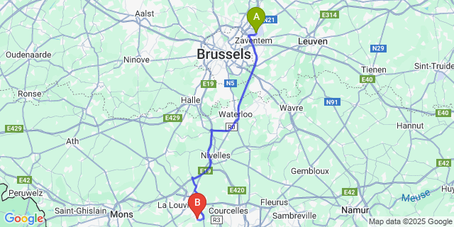 Map: Brussels Zaventem Airport (BRU) to Carnières