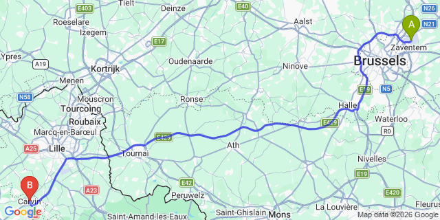 Map: Brussels Zaventem Airport (BRU) to Carvin