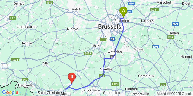 Map: Brussels Zaventem Airport (BRU) to Casteau
