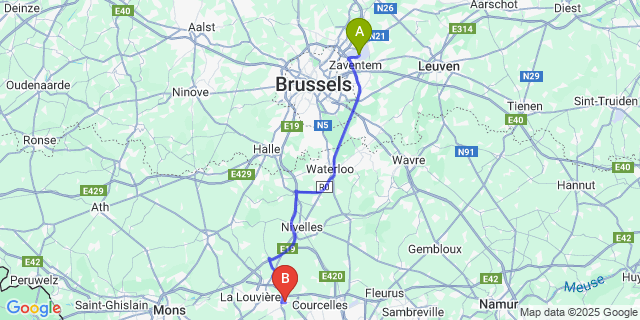 Map: Brussels Zaventem Airport (BRU) to Chapelle-lez-Herlaimont
