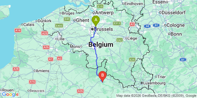 Map: Brussels Zaventem Airport (BRU) to Charleville-Mézières