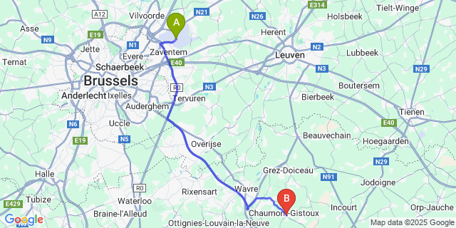 Map: Brussels Zaventem Airport (BRU) to Chaumont-Gistoux