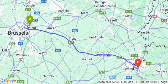 Map: Brussels Zaventem Airport (BRU) to Chênée