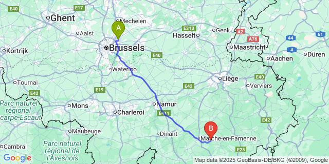 Map: Brussels Zaventem Airport (BRU) to Cheoux