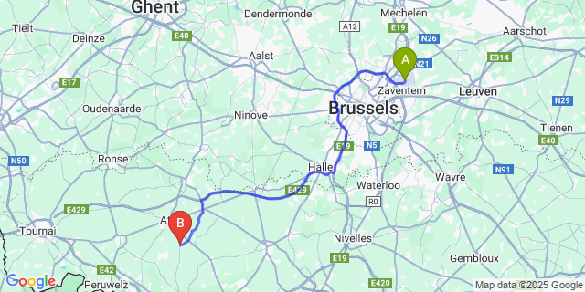 Map: Brussels Zaventem Airport (BRU) to Chièvres