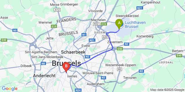 Map: Brussels Zaventem Airport (BRU) to Citybox Brussels