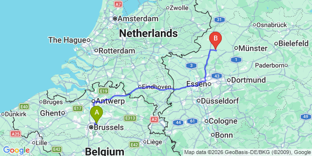 Map: Brussels Zaventem Airport (BRU) to Coesfeld