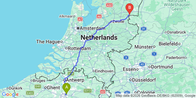 Map: Brussels Zaventem Airport (BRU) to Coevorden