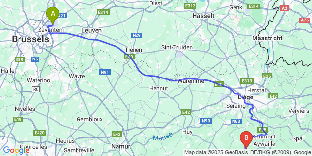 Map: Brussels Zaventem Airport (BRU) to Comblain-la-Tour