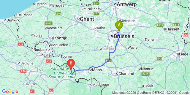 Map: Brussels Zaventem Airport (BRU) to Condé-sur-l’Escaut