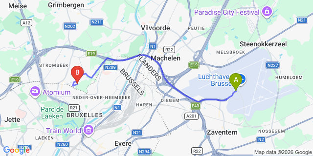 Map: Brussels Zaventem Airport (BRU) to Courtyard by Marriott Brussels EU