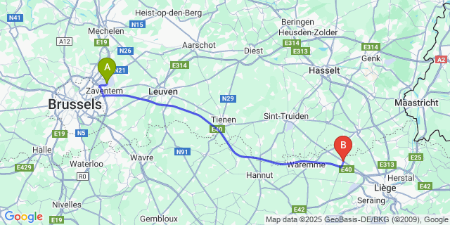 Map: Brussels Zaventem Airport (BRU) to Crisnée
