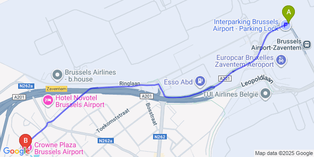 Map: Brussels Zaventem Airport (BRU) to Crowne Plaza Brussels Airport, an IHG Hotel