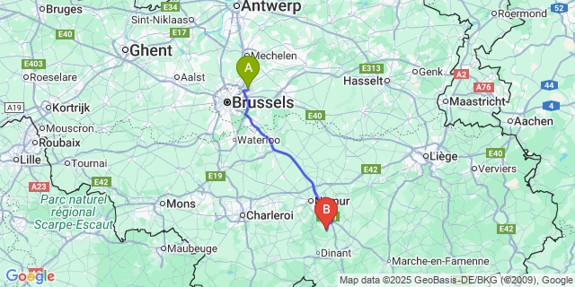 Map: Brussels Zaventem Airport (BRU) to Crupet