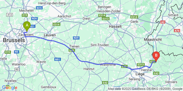 Map: Brussels Zaventem Airport (BRU) to Dalhem