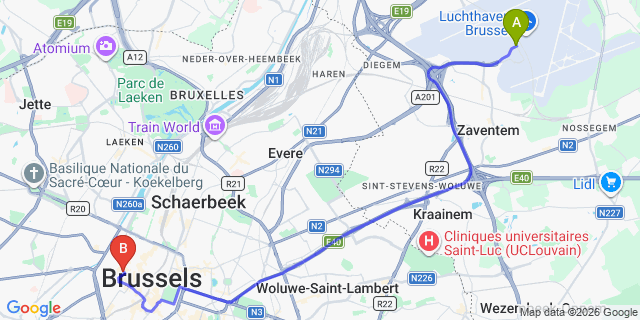 Map: Brussels Zaventem Airport (BRU) to Dansaert Hotel, Brussels