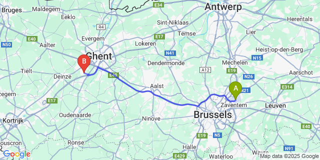 Map: Brussels Zaventem Airport (BRU) to De Pinte