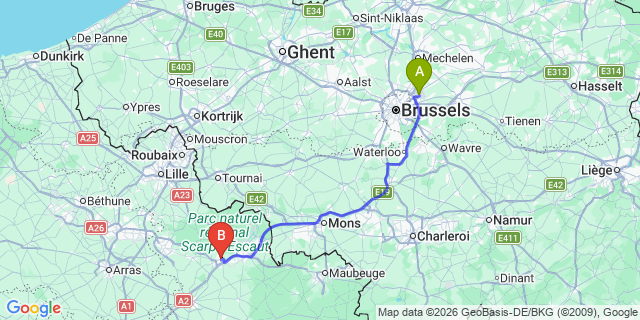 Map: Brussels Zaventem Airport (BRU) to Denain