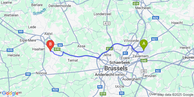 Map: Brussels Zaventem Airport (BRU) to Denderleeuw