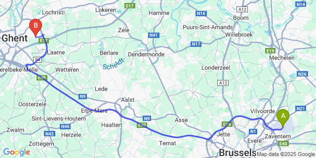 Map: Brussels Zaventem Airport (BRU) to Destelbergen