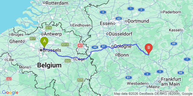 Map: Brussels Zaventem Airport (BRU) to Dillenburg