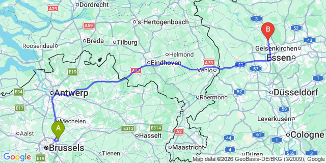 Map: Brussels Zaventem Airport (BRU) to Dinslaken