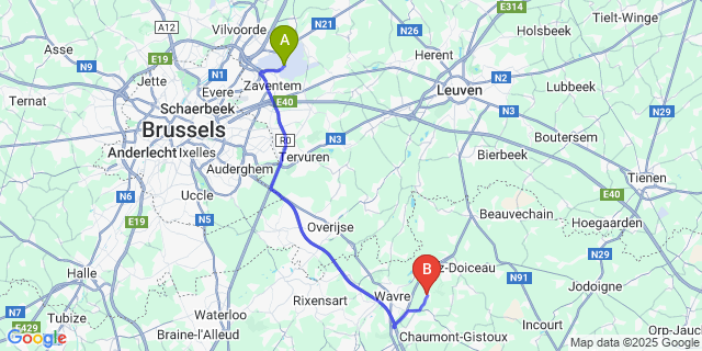 Map: Brussels Zaventem Airport (BRU) to Dion-Le-Val