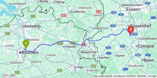 Map: Brussels Zaventem Airport (BRU) to Dormagen