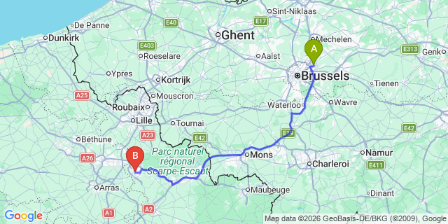 Map: Brussels Zaventem Airport (BRU) to Douai