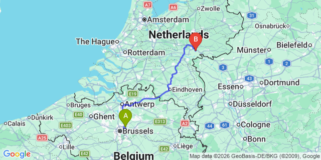 Map: Brussels Zaventem Airport (BRU) to Duiven
