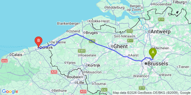 Map: Brussels Zaventem Airport (BRU) to Dunkerque