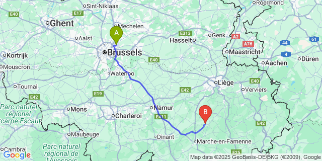 Map: Brussels Zaventem Airport (BRU) to Durbuy