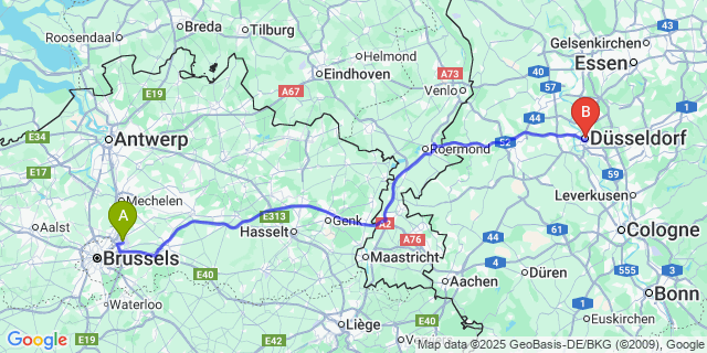Map: Brussels Zaventem Airport (BRU) to Düsseldorf city (all areas)