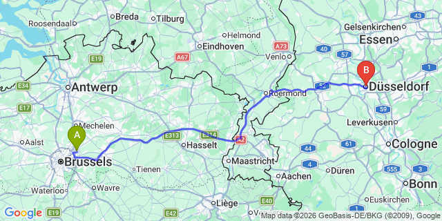 Map: Brussels Zaventem Airport (BRU) to Düsseldorf