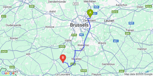 Map: Brussels Zaventem Airport (BRU) to Écaussinnes