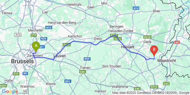 Map: Brussels Zaventem Airport (BRU) to Eigenbilzen