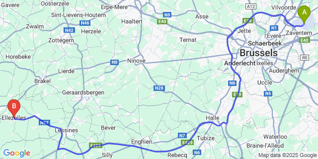 Map: Brussels Zaventem Airport (BRU) to Ellezelles