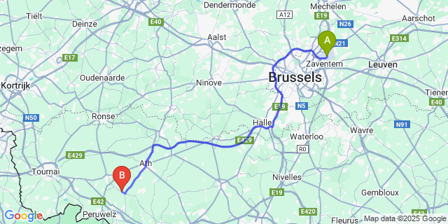 Map: Brussels Zaventem Airport (BRU) to Ellignies-Sainte-Anne