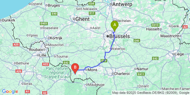 Map: Brussels Zaventem Airport (BRU) to Elouges