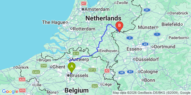Map: Brussels Zaventem Airport (BRU) to Emmerich am Rhein