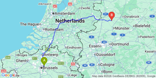 Map: Brussels Zaventem Airport (BRU) to Emsdetten