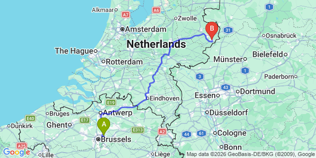 Map: Brussels Zaventem Airport (BRU) to Enschede